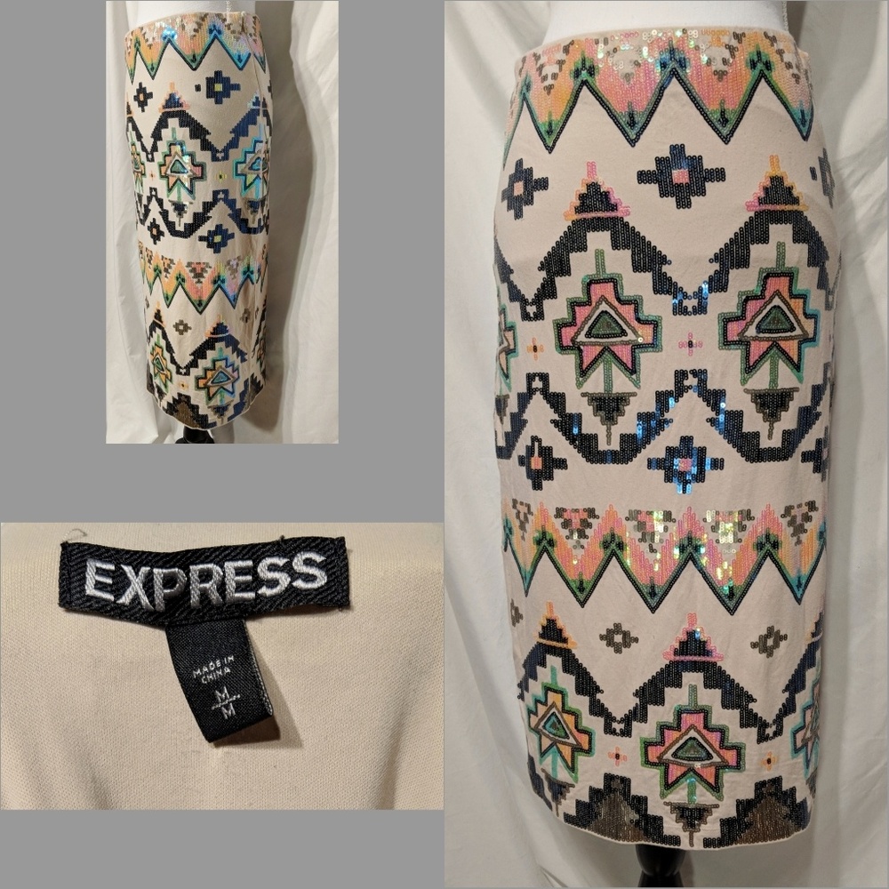 Express Sequin Aztec Tribal Pencil Skirt Size M